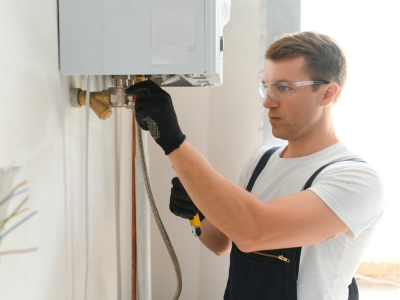 Heizungsbauer wartet Gastherme